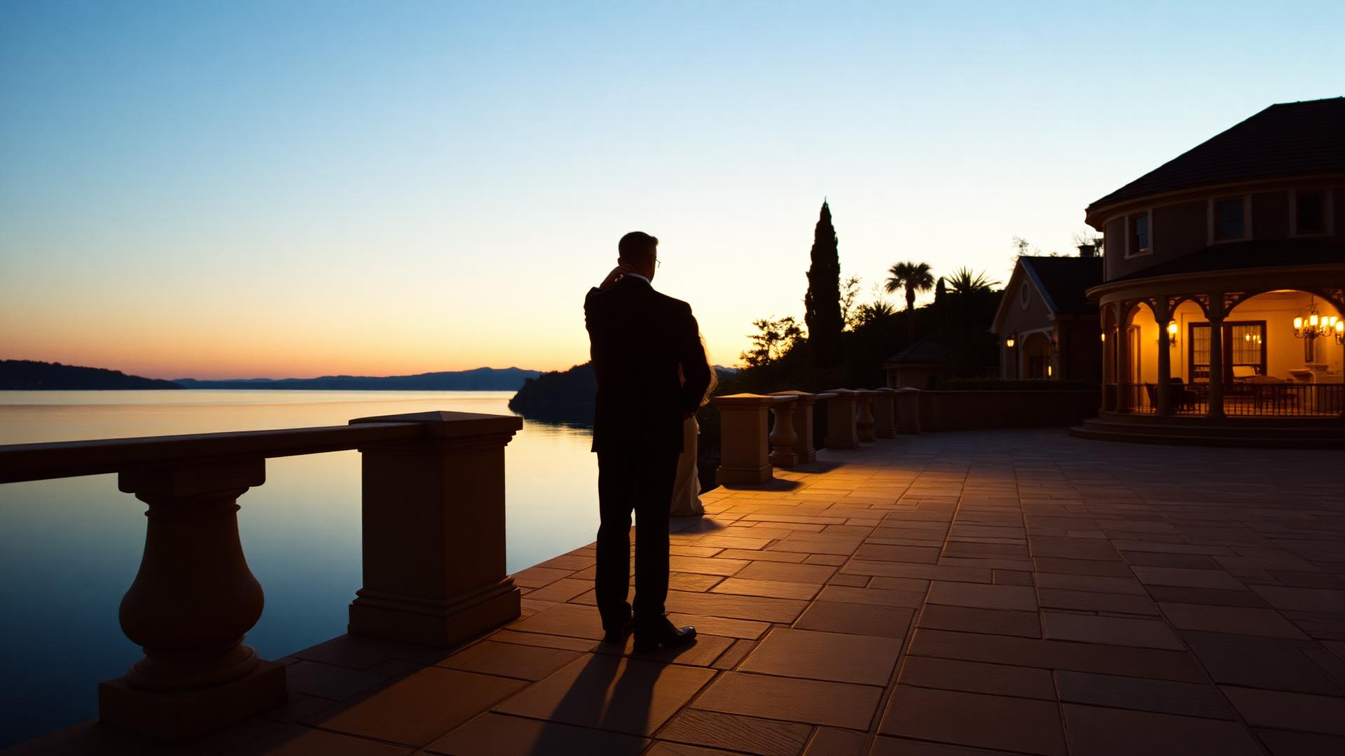 Clara and Adrian on the terrace of Villa d'Este at dusk
